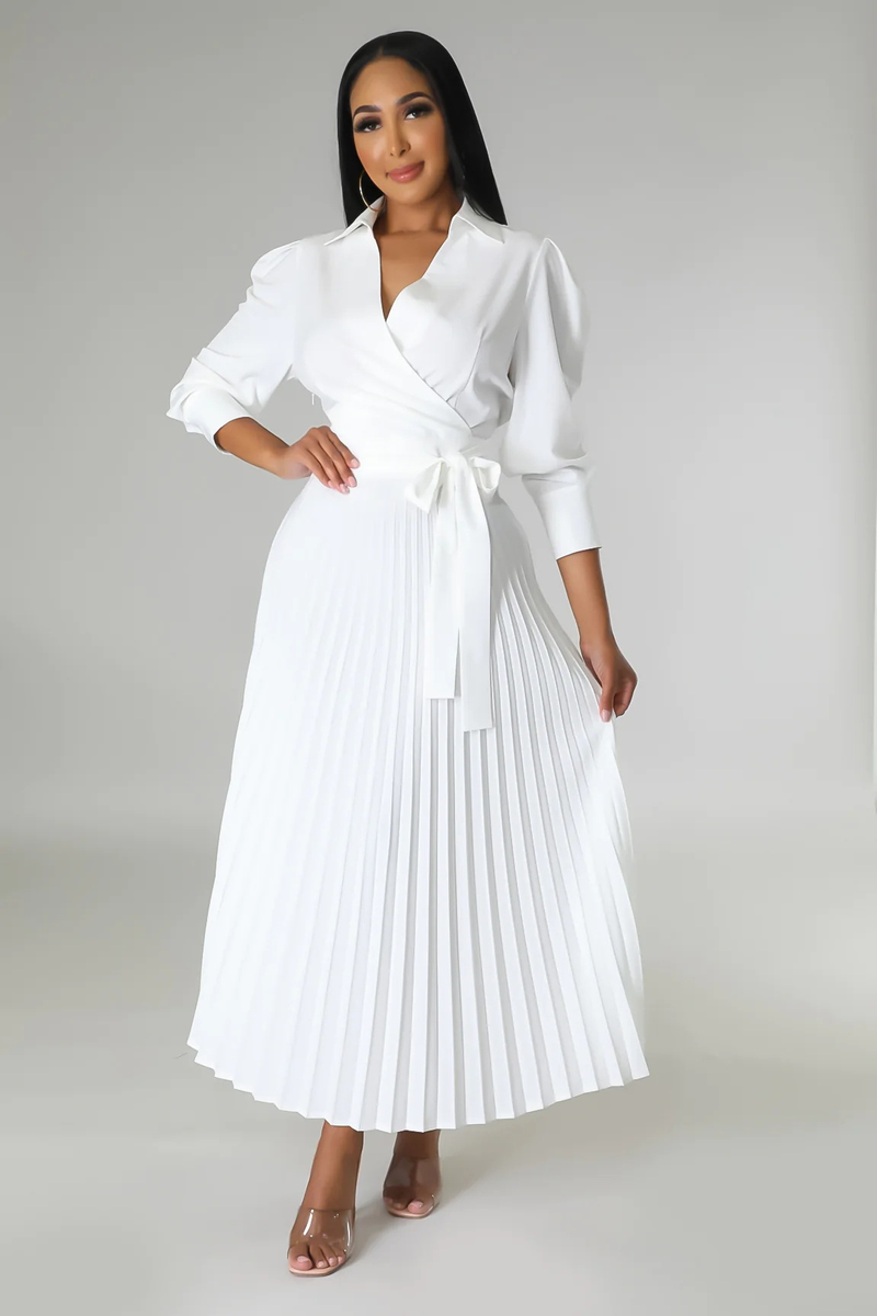 Long sleeved Polo collar high waist fashion casual pleated women's dress_autovado.com