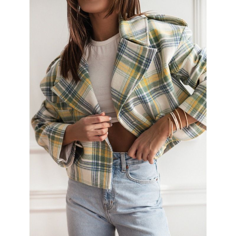 Women's Clothing New 2024 Fashion Suit Collar Plaid Printed Wool Coat_autovado.com