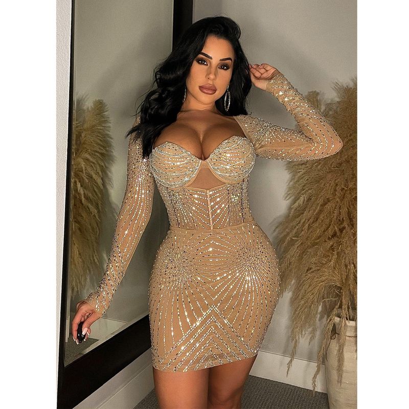 Women's solid color mesh rhinestone long-sleeved short skirt dress_autovado.com