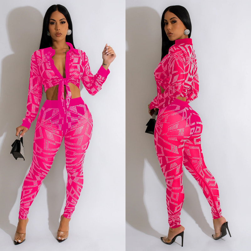 Women's Clothing fashion women's solid color mesh hot diamond long-sleeved trousers two-piece set_autovado.com