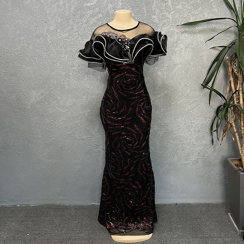 Rose-shaped Sequins Slim Mermaid Evening Dress Long Skirt One-shoulder Lotus Leaf Luxury Women's Clothing_autovado.com