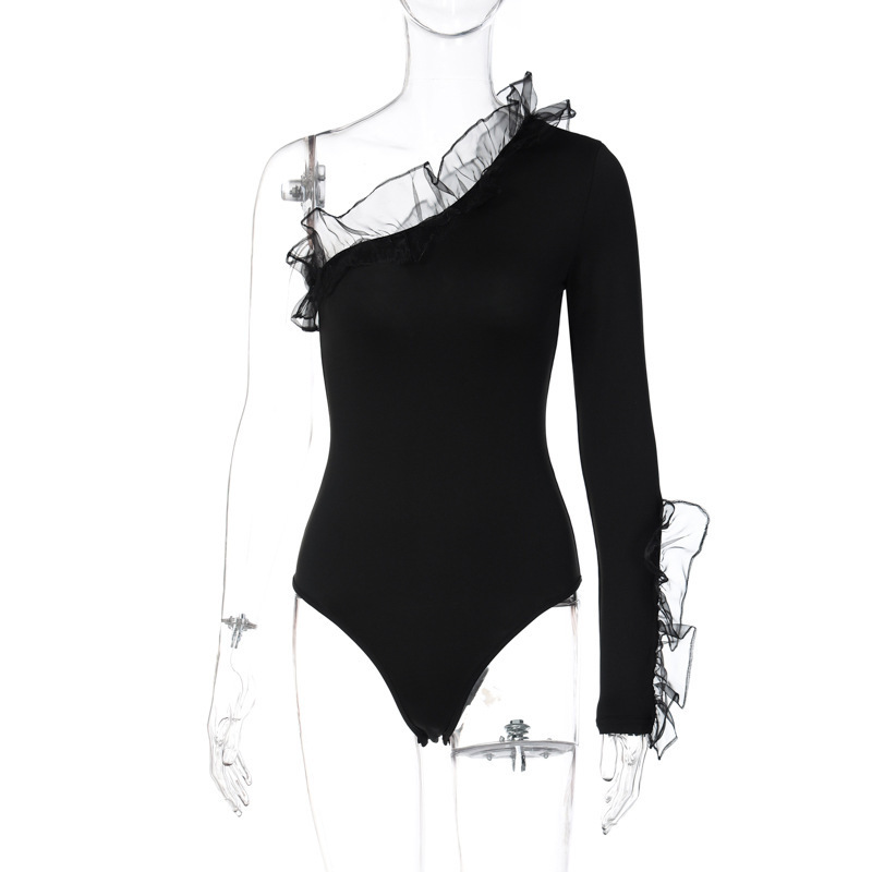 Women's clothing new summer style mesh lotus leaf flying edge one-shoulder sleeves slant collar sexy slim fit jumpsuit_autovado.com