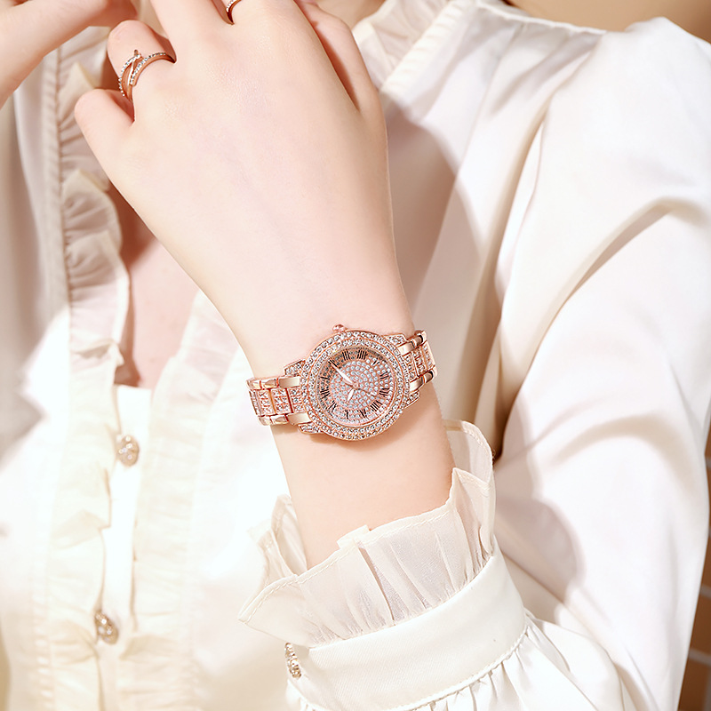 Electronic watches women's niche high-end diamond quartz watch student rose gold Roman pattern full of diamond women's watch_autovado.com