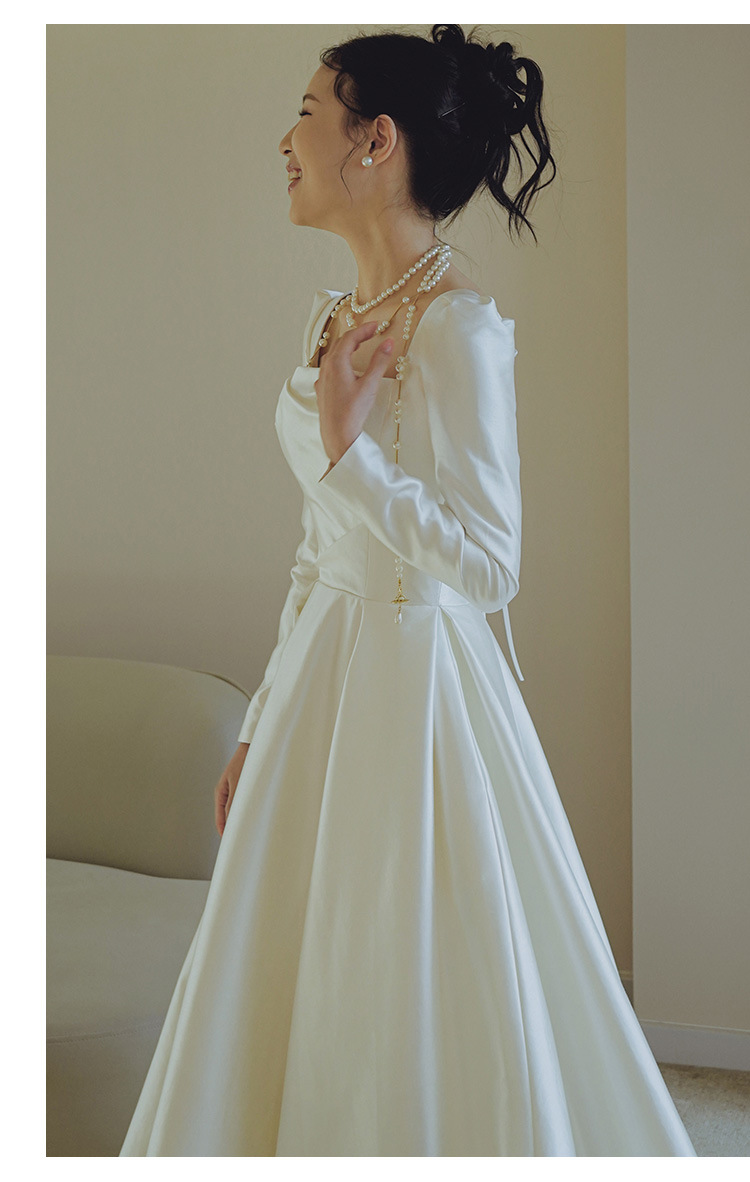 Satin wedding dress bride 2024 new French simple retro long-sleeved wedding dress niche welcome evening dress_autovado.com