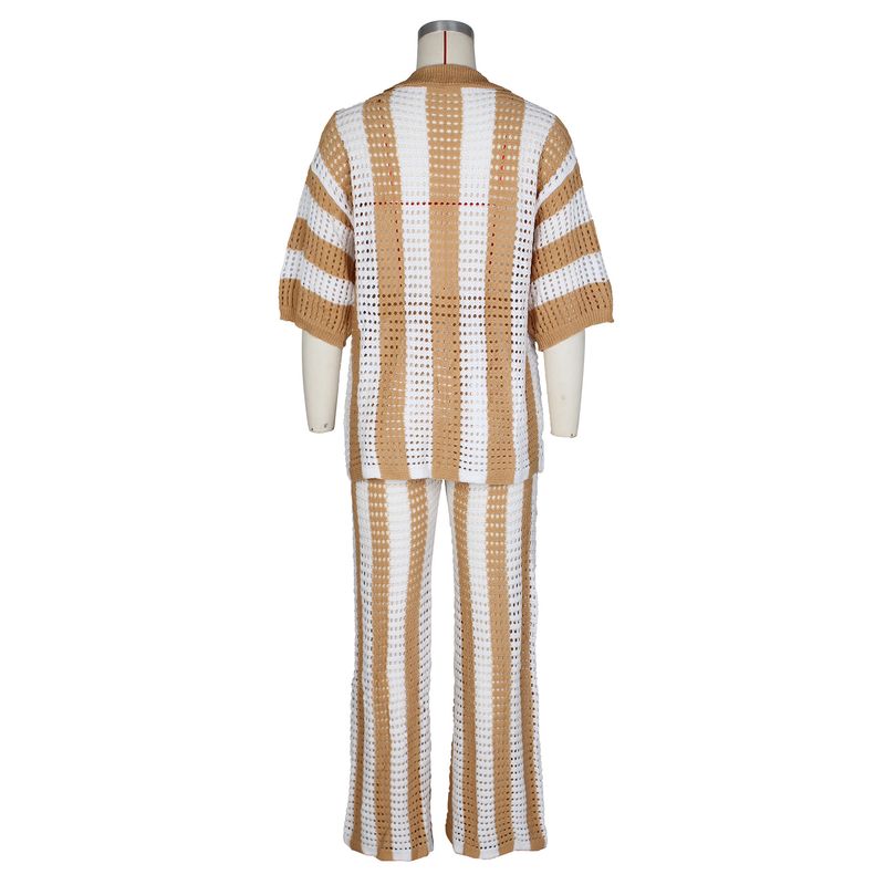 Women's Clothing sexy ladies V-neck hollow striped lapel knitted wide pants suit_autovado.com