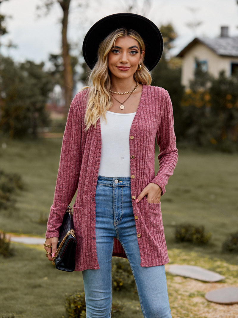 New women's clothing women's brushed pit strip solid color long-sleeved women's cardigan jacket_autovado.com