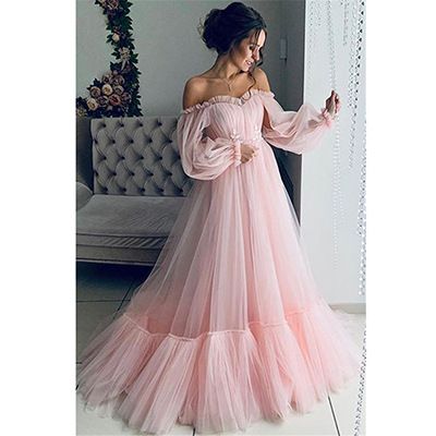 Women's 2023 off-the-shoulder mesh long sleeve wedding dress large hem dress Bridal Wear_autovado.com