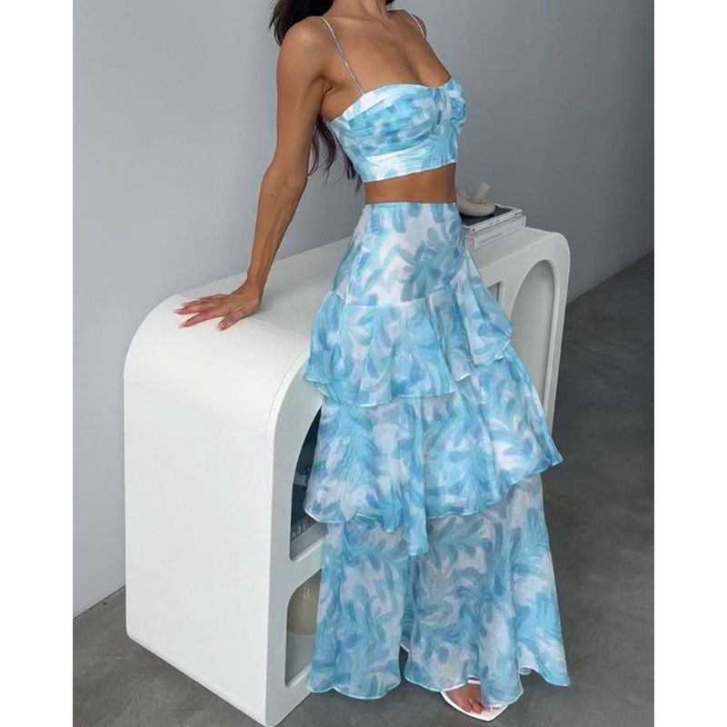 Women's clothing new suspender chest wrap printed sleeves backless tops slit two piece set_autovado.com