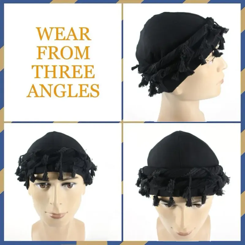 Hot Sale 2024 Men Punk Burr Trim Twisted Tail Fringe Cotton Bandana Hop Turban Hats Head Wrap Beanie Cap Solid Color Docker Hat_autovado.com