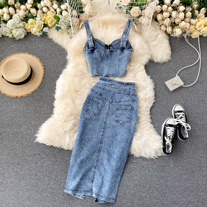 Women Sexy short camisole vest high waisted denim skirt_autovado.com