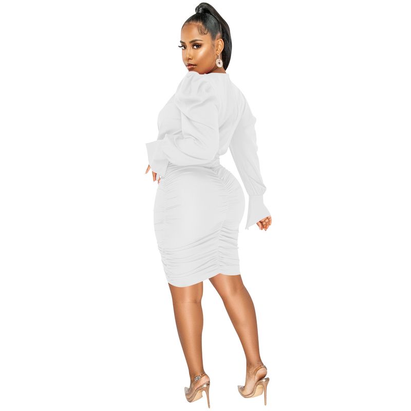 Women's Clothing fashion casual solid color long-sleeved pleated V-neck dress for women_autovado.com