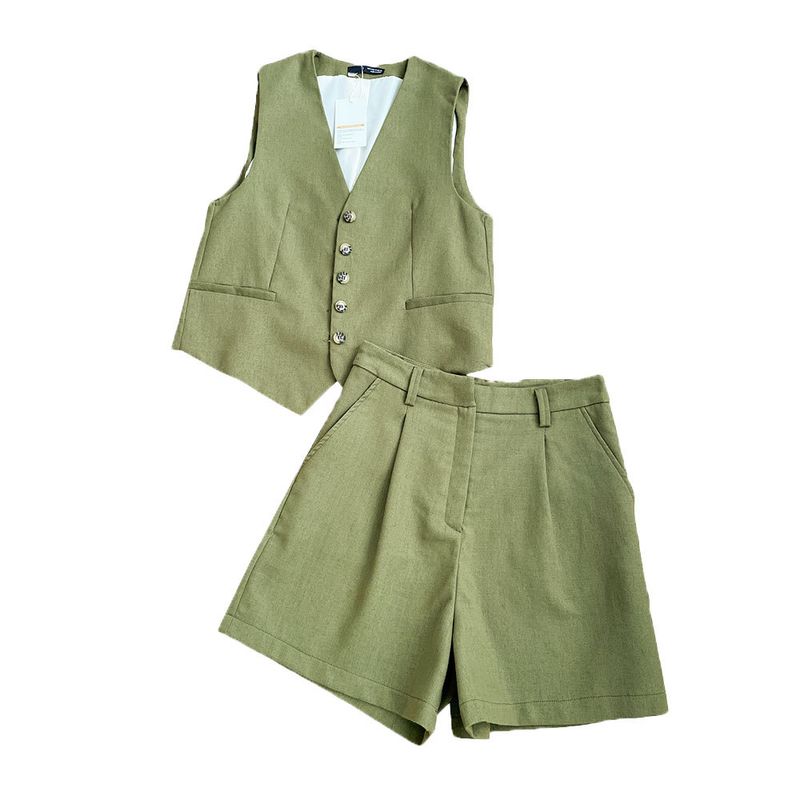 Women's Clothing Sleeveless V-neck Sleeveless Button Suit Short Vest Shorts Suit _autovado.com