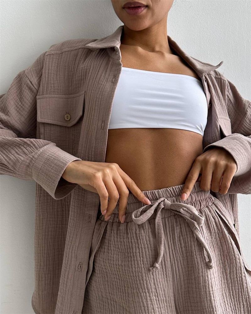 Women's Clothing new arrival lapel loose shirt high waist shorts two piece fashion casual suit_autovado.com