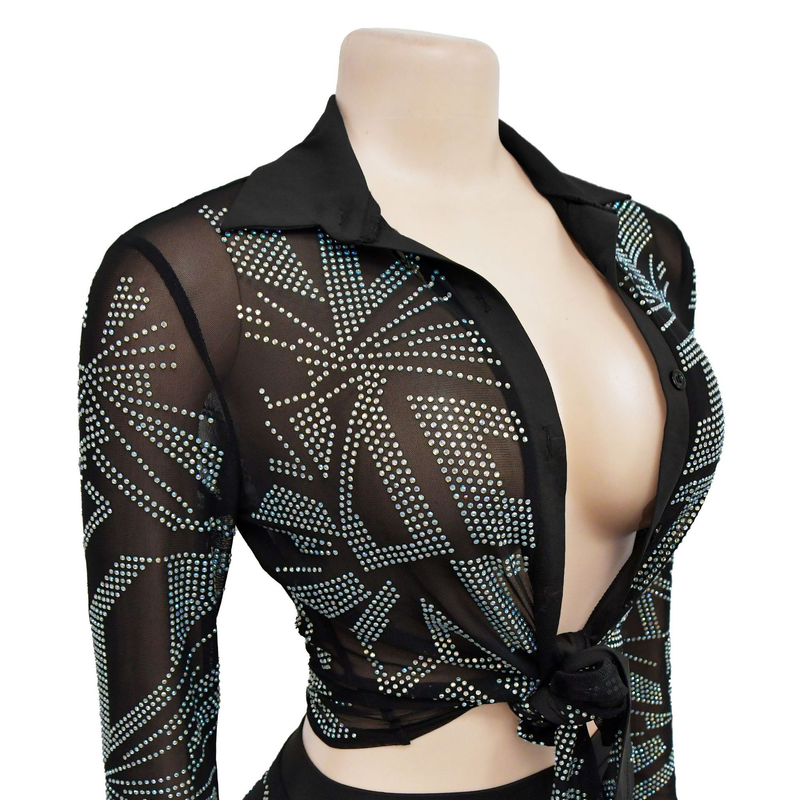Women's Clothing fashion women's solid color mesh hot diamond long-sleeved trousers two-piece set_autovado.com