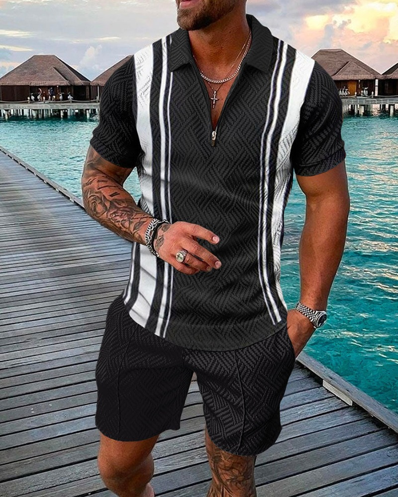 Men's Fashion Casual Suit 3D Printed Zipper Short Sleeve Polo Shirt Shorts 2-Piece Set_autovado.com