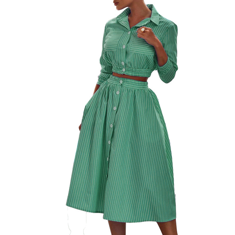 Women's Clothing Fashion Style Long Sleeve Striped Shirt Set Skirt Two Piece Set_autovado.com