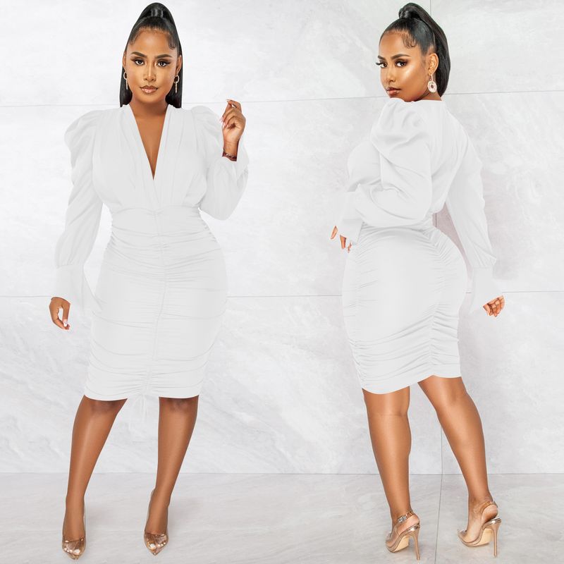 Women's Clothing fashion casual solid color long-sleeved pleated V-neck dress for women_autovado.com
