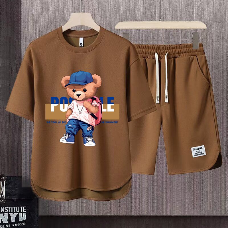 Men's Clothing 2024 Waffle Casual Summer Suit Men's Loose Teen Short sleeved T shirt Shorts Handsome Two piece Suit_autovado.com