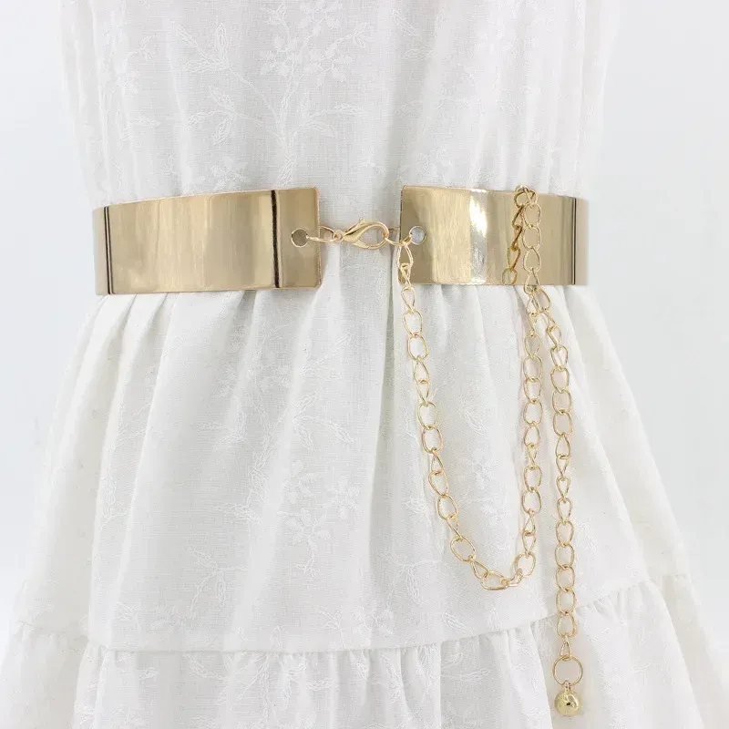 HOT New Women Adjustable Metal Designer Belt Fashion Ladies Dress Bling Gold Sier Mirror Vintage Waistband with Waist Chain_autovado.com