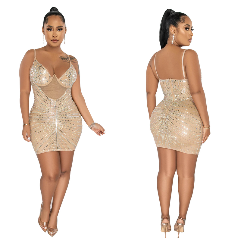 Women's hot diamond mesh suspender sleeveless short skirt dress_autovado.com