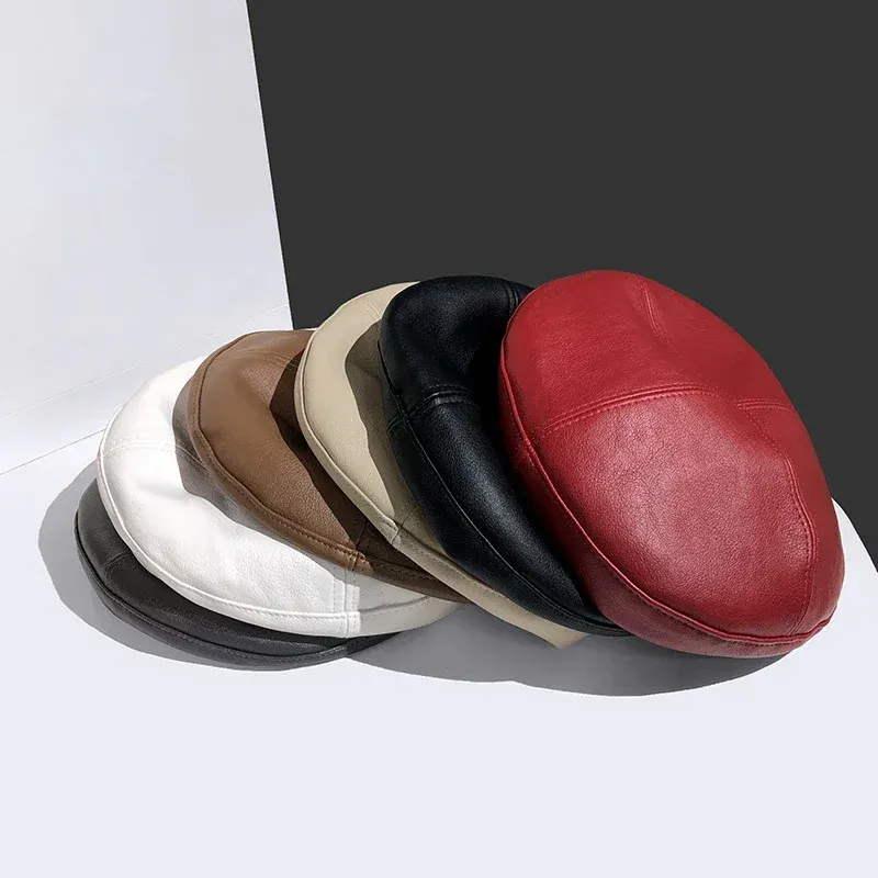 Hot Sale Vintage Women Solid Cap Pu Leather Chain Beret French Artist Warm Beanie Female Ladies All-Match Adjustable Hat_autovado.com