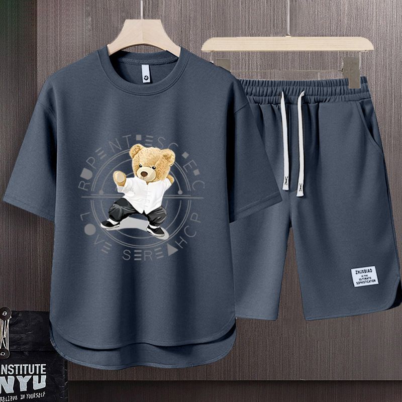 Men's Clothing 2024 Waffle Casual Summer Suit Men's Loose Teen Short sleeved T shirt Shorts Handsome Two piece Suit_autovado.com
