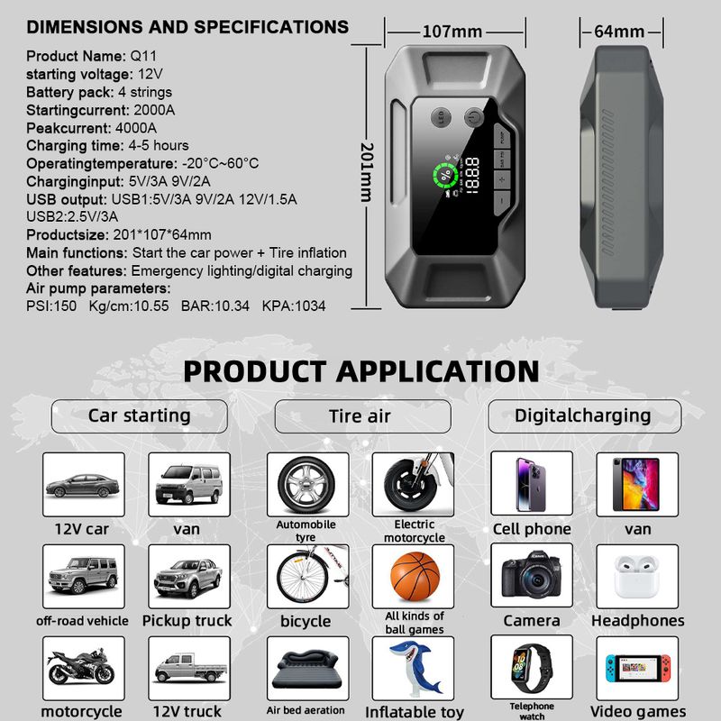 Jump Starter And Tire Inflator, 26000 MAh, Rechargeable USB Emergency Battery Booster With Air Compressor, Multiple_autovado.com