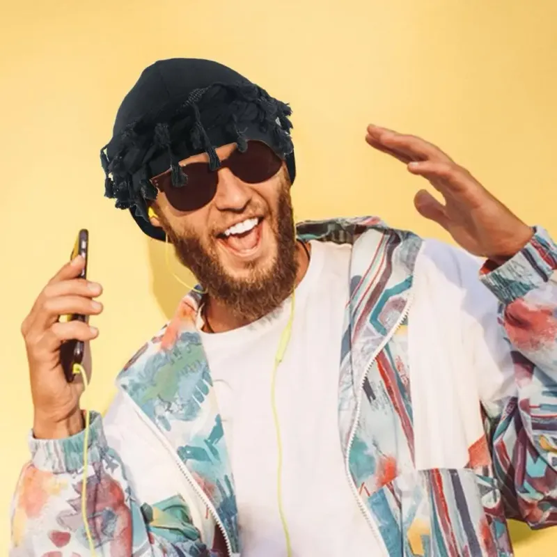 Hot Sale 2024 Men Punk Burr Trim Twisted Tail Fringe Cotton Bandana Hop Turban Hats Head Wrap Beanie Cap Solid Color Docker Hat_autovado.com