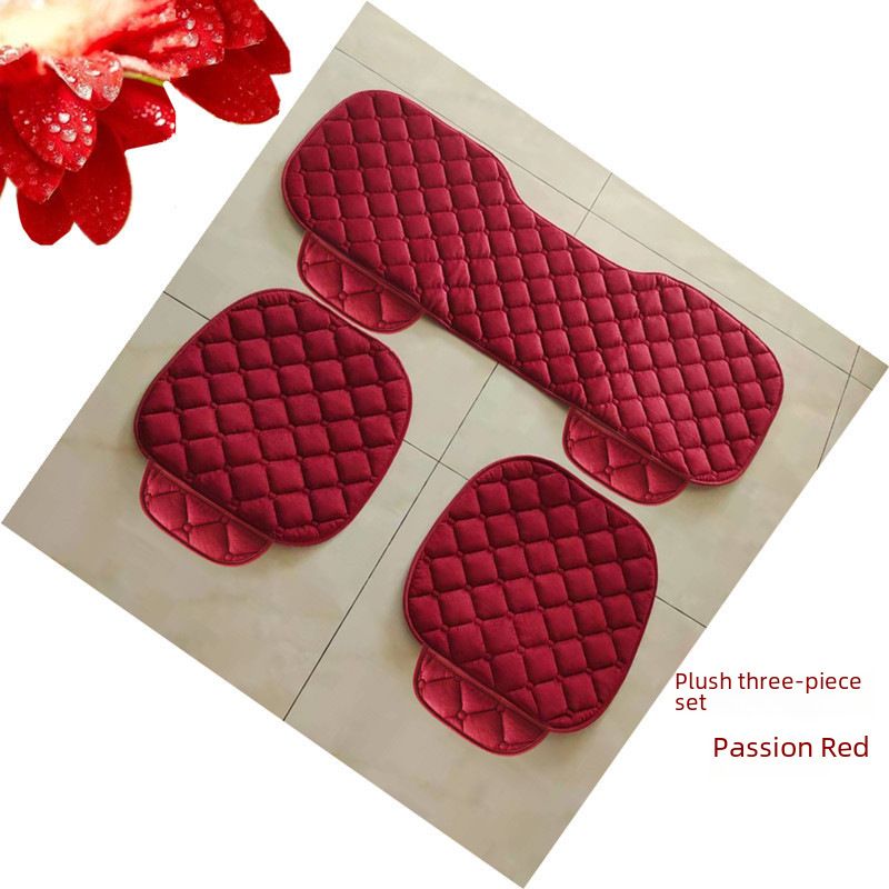 Winter car seat cushion no backrest square embroidered plush tie-free warm three-piece front and rear row single seat cushion_autovado.com