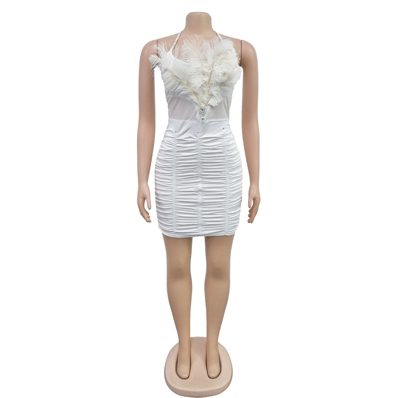 Women's solid color feather tube top sleeveless short skirt dress_autovado.com