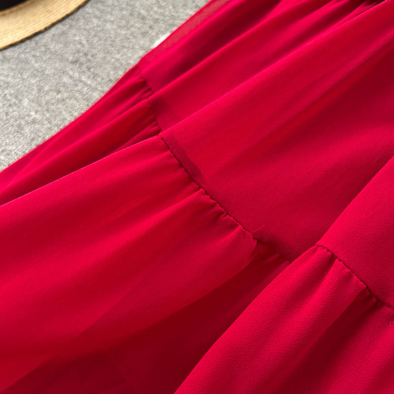 Women's V-neck Single Breasted Chiffon French Vintage Waist Slimming Big Swing A-line Long Skirt_autovado.com