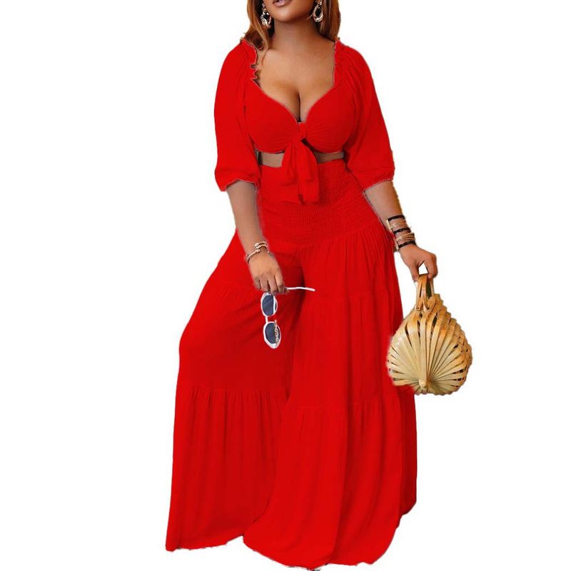 Women's Clothing women's summer fashion casual street suit pleated sexy solid color foreign trade two piece suit_autovado.com