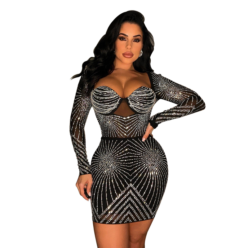 Women's solid color mesh rhinestone long-sleeved short skirt dress_autovado.com