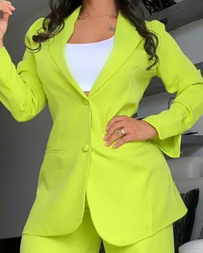 women's Clothing, Elegant And Solid Color Split Sleeve Lapel Suit With Pockets And Straight Pants Suit_autovado.com