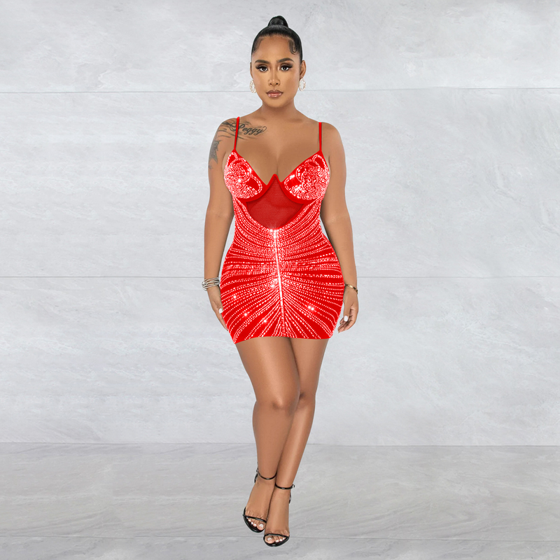 Women's hot diamond mesh suspender sleeveless short skirt dress_autovado.com