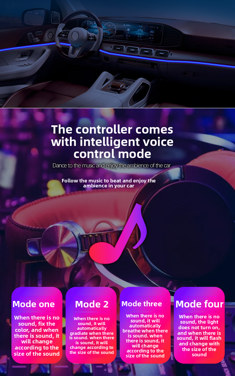 Car Atmosphere Interior Modification USB Sound Cold Colorful Remote Control Wireless Guide Rhythm Light Strip_autovado.com