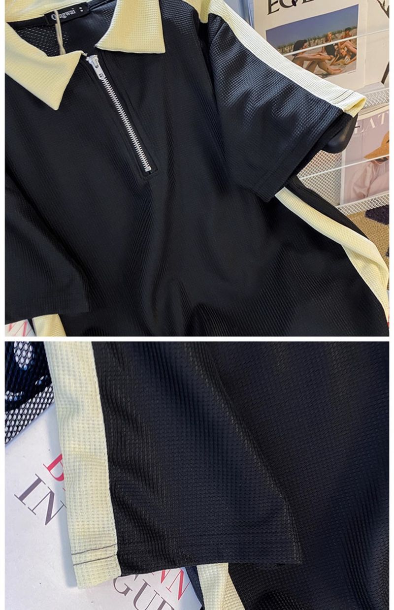 Men's Clothing Waffle sports suit summer men's clothing color matching lapel short sleeved T shirt set with handsome casual shorts_autovado.com