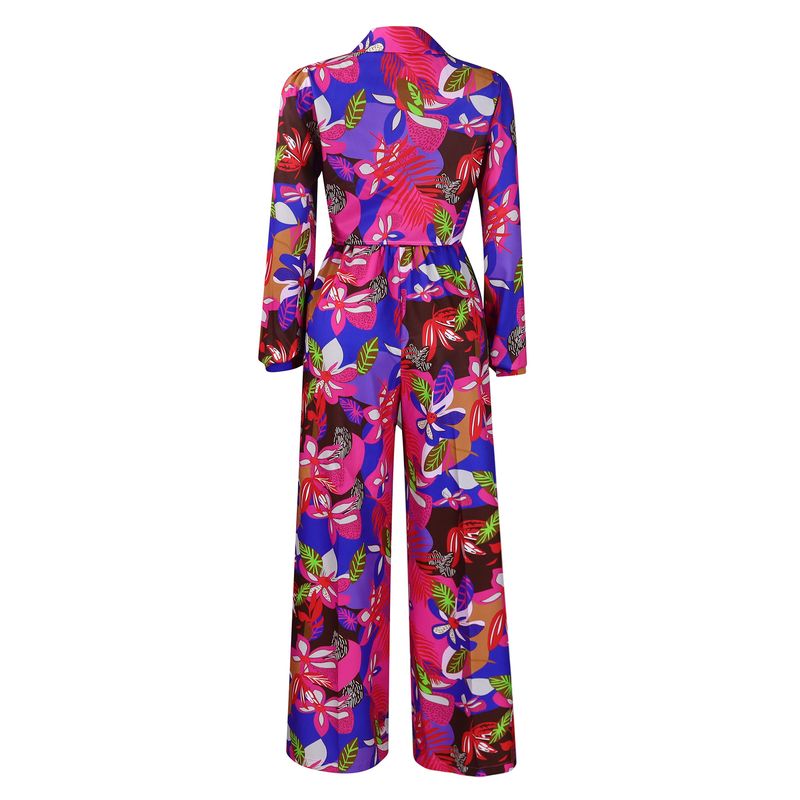 Women's Fashion Print Two-piece Suit Lapel Tie Shirt Wide Leg Pants Suit_autovado.com