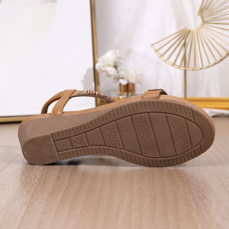 Women's fashion fashion wood bead rhinestone wedge heel comfortable large size sandals_autovado.com