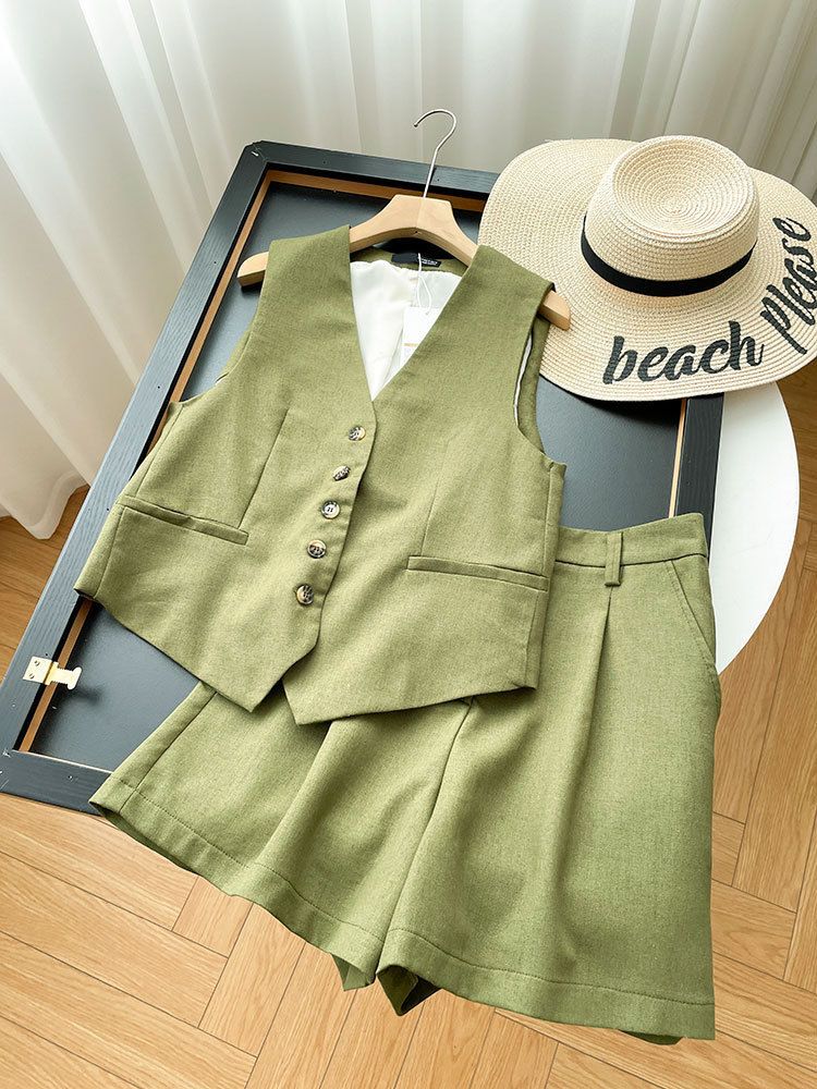 Women's Clothing Sleeveless V-neck Sleeveless Button Suit Short Vest Shorts Suit _autovado.com