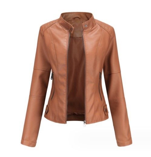 Women's Clothing slim motorcycle thin spring and autumn large size stand collar leather jackets_autovado.com