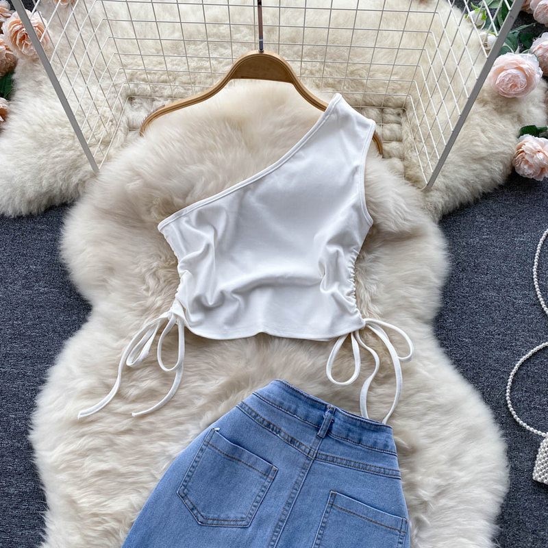 Women's Smocked Strappy Shoulder Vest Irregular Raw Edge Slit Denim Skirt Two-piece Set_autovado.com