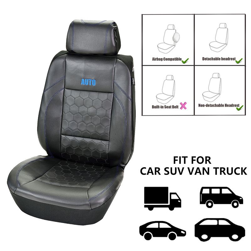 Two front car seat covers black football embroidery PVC splicing black PVC three-dimensional pressure line_autovado.com