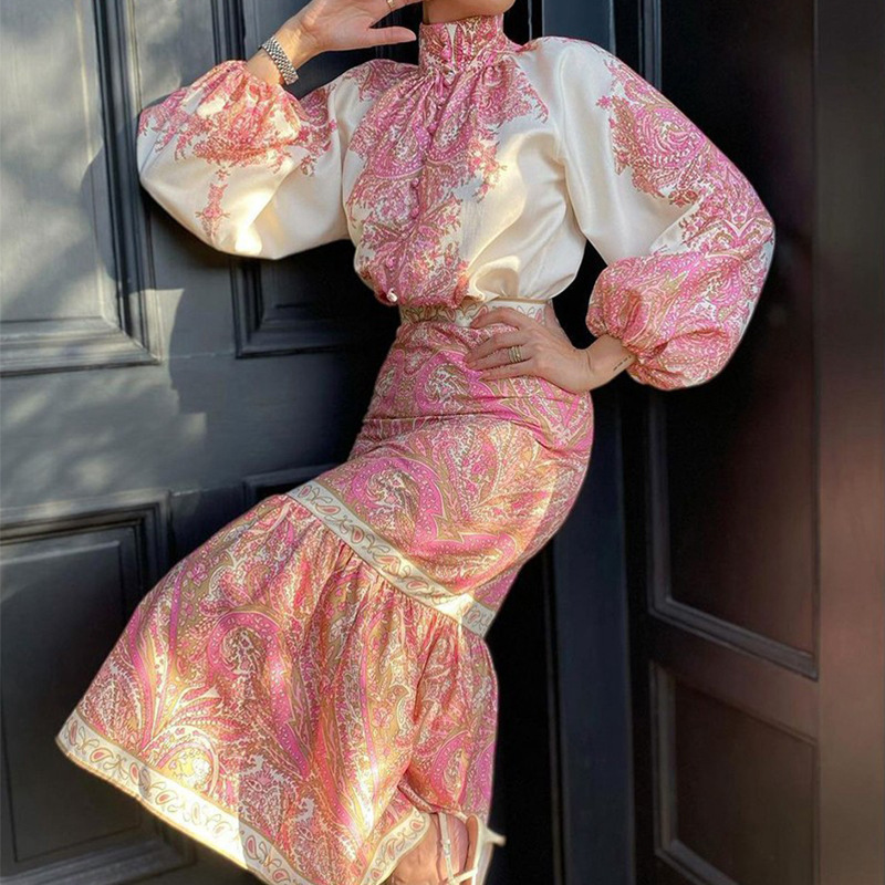 Women'S Autumn New Bohemian Printed Top Mid-Length Covered Arm Skirt Suit for Women_autovado.com