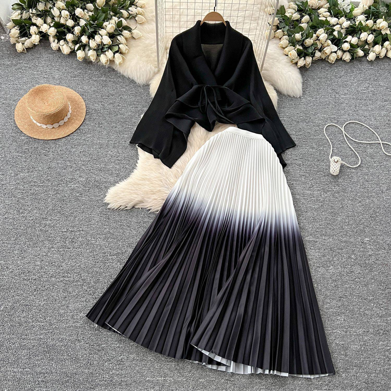 Ruffled Butterfly Sleeve Gradient Tie Cape Short Coat Top + Gradient Pleated Skirt Two-piece Suit_autovado.com