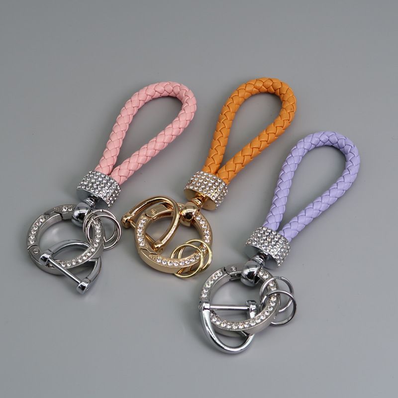 Car Keychain Pendant Diamond-encrusted Keychain Ring Hand Woven Leather Rope Anti-loss D Key Chain_autovado.com