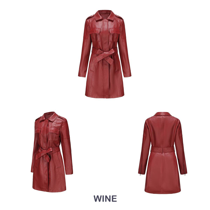 New mid-length leather coat with belt long-sleeved leather trench coat fashionable coat woman_autovado.com