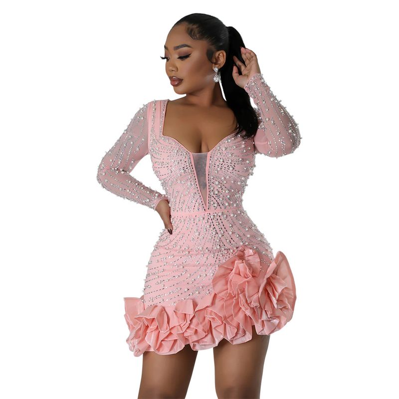 Women's Clothing Hot Diamond And Bubble Bead Dress Short Skirt For Women, Fashionable Long Sleeves And Square Collar_autovado.com