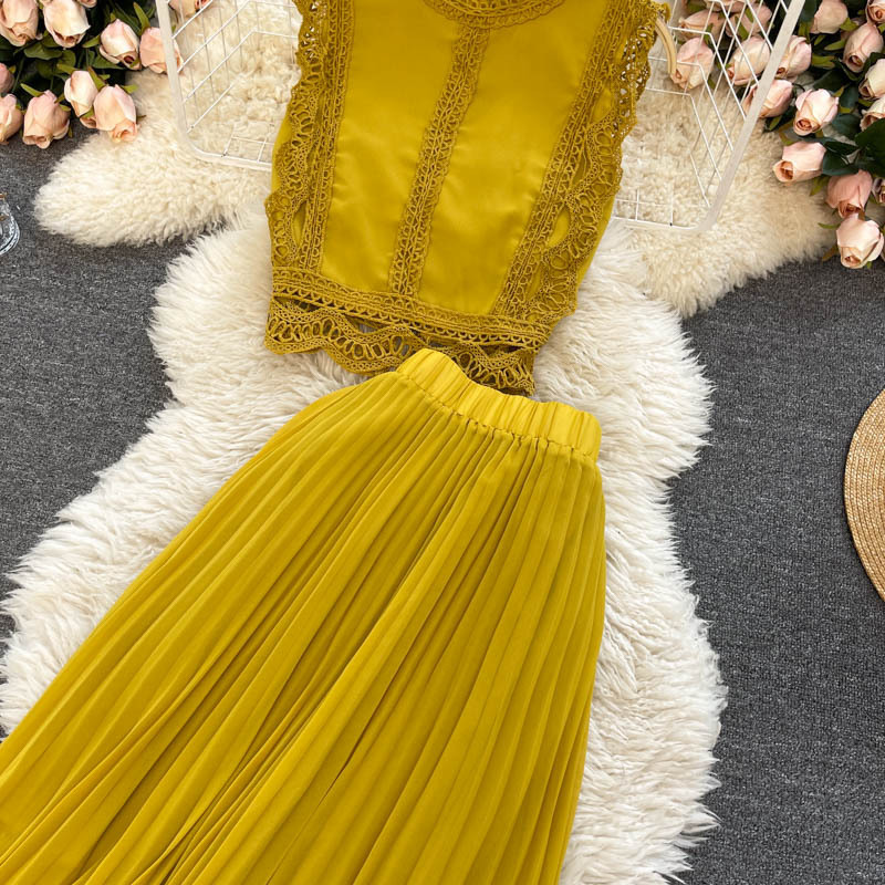 Women's fashion high-waisted lean pressed chiffon skirt two-piece set_autovado.com