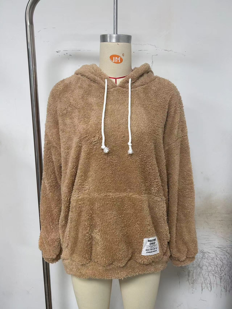 Women's flannel loose hooded long-sleeved pullover plush sweatshirt_autovado.com